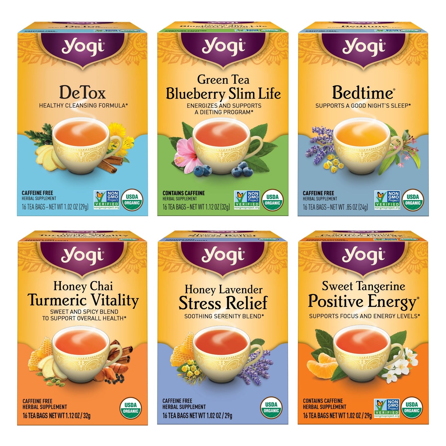 Yogi Tea Favorites Variety Pack - 16 Bags per Pack (6 Packs) - Organic Gift Box - Includes Sweet Tangerine Positive Energy, Honey Lavender Stress Relief, Bedtime & More