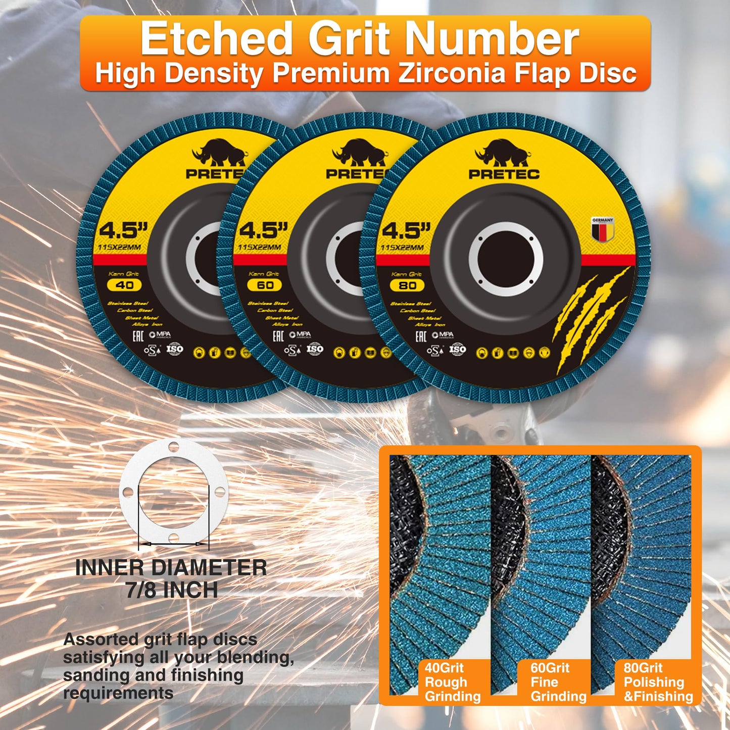 PRETEC 26 Packs Angle Grinder Cutting Flap Grinding Disc Wheel 4 1/2in Inches - 20 Packs 4.5"x1/4"x7/8" Cut off Wheels,3 Packs 4.5"x7/8" 60 Grit Flap Discs, 3 Packs 4.5"x1/25"x7/8" Grinding Wheels