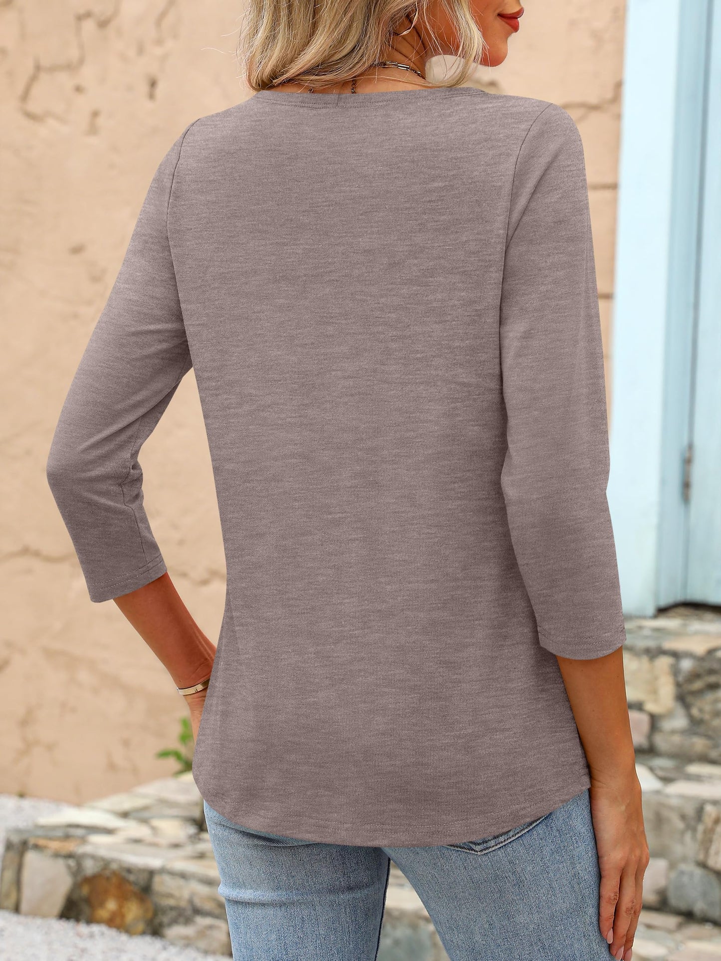 ANRABESS Womens 3/4 Length Sleeve Tops 2025 Summer Tee T-Shirts Boat Neck Tunic Travel Basic Blouses Fall Fashion Outfits Light Coffee Large