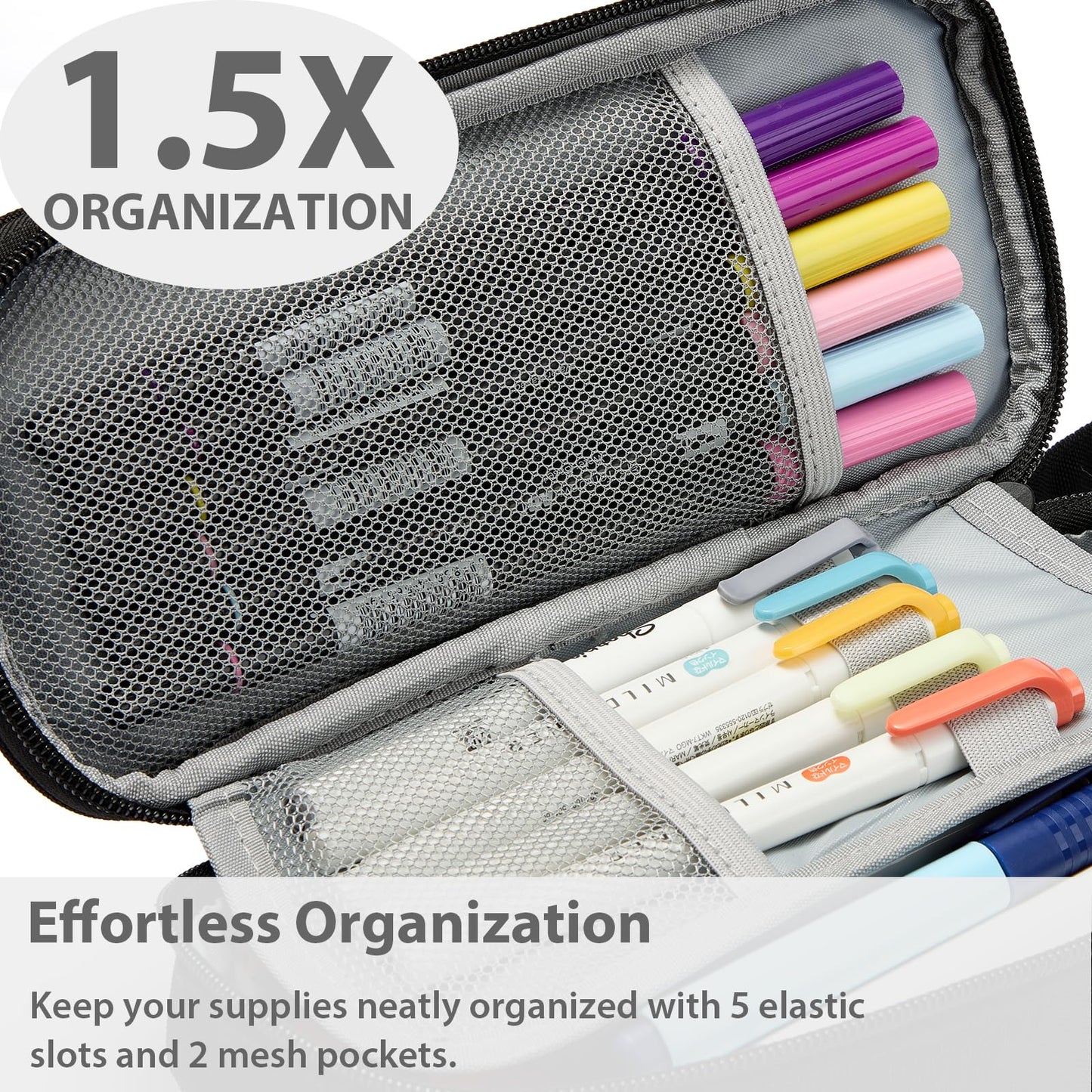 SPACEMATE Pencil Case Pouch Box Bag School Supplies Girls Boys Kids, Cute Preppy Stuff Large Big Capacity Aesthetic Pen Organizer, Back to College Stationary, Black, Classic Stlye, 1800ml