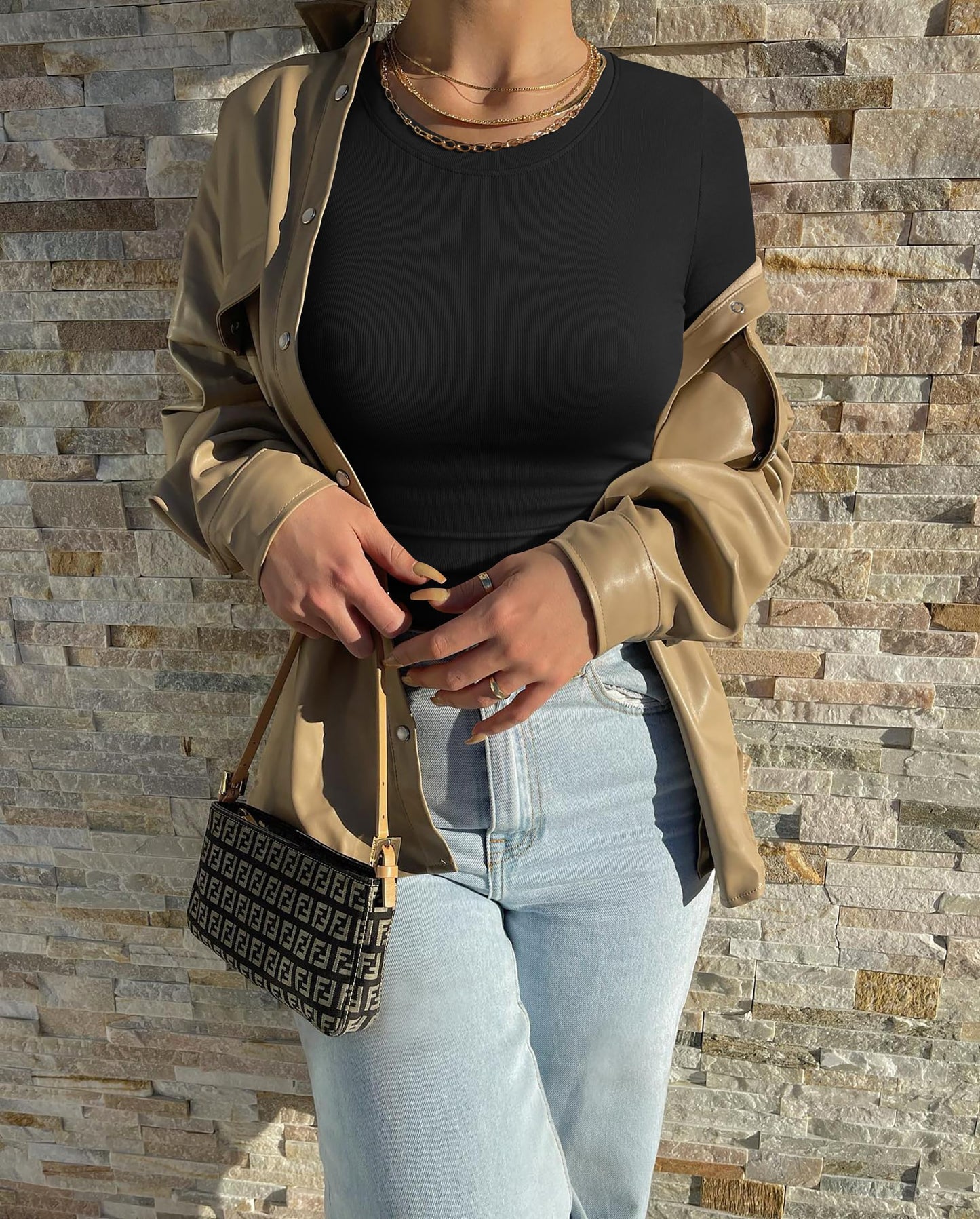 OQQ Womens 2 Piece Shirts Short Sleeve Crew Neck Ruched Stretch Fitted Tee Shirts Crop Tops Black Beige