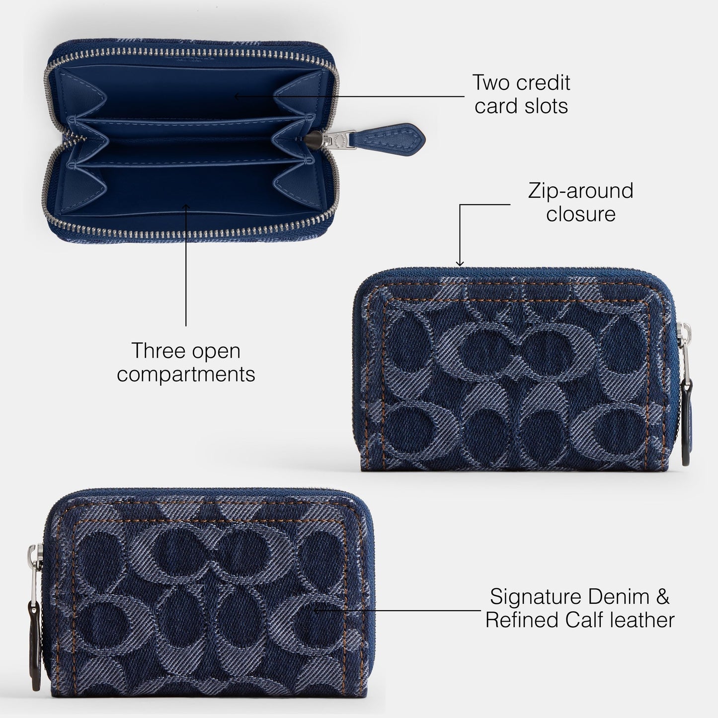 Coach Women's Essential Small Zip Around Card Case in Signature Denim Accessory-Travelers Sleeves, LH/Deep Blue Multi, One Size