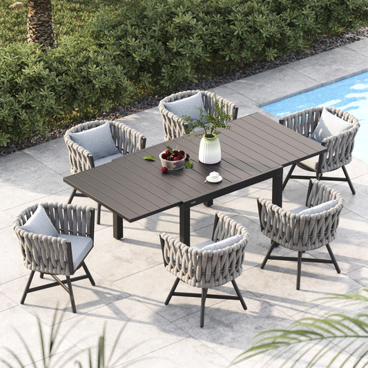 Grand patio 7-Piece Outdoor Dining Set for 6, Patio Dining Furniture Set for 6 Swivel Rope Wicker Chairs & 1 Expandable Rectangular Dining Table, Light Gray Brown