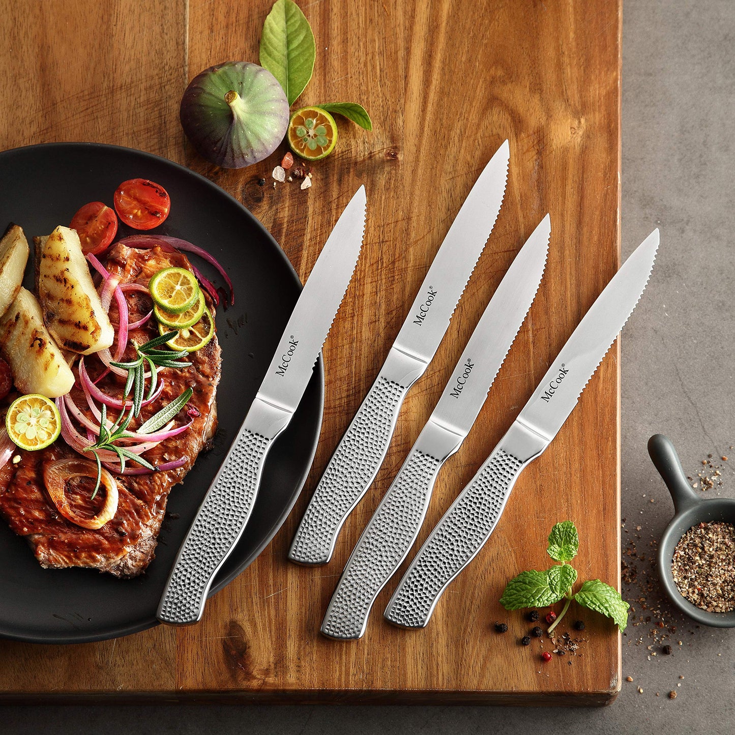 McCook® Premium Knife Sets,Full Tang Hammered German Stainless Steel Kitchen Knife Set with 8 Pieces Steak Knives and Acacia Block