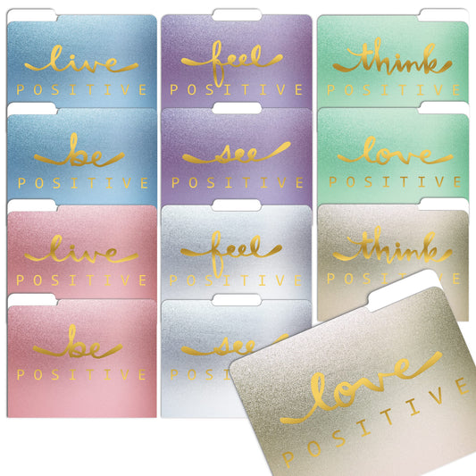 Better Office Products Decorative File Folders, 12 Pack, 6 Colors/6 Phrases, 12 Unique Designs, Heavyweight, Letter Size (9.5 x 11.5) with 1/3 Cut Tab, Gold Foil Positive Thoughts, Fashion Folders