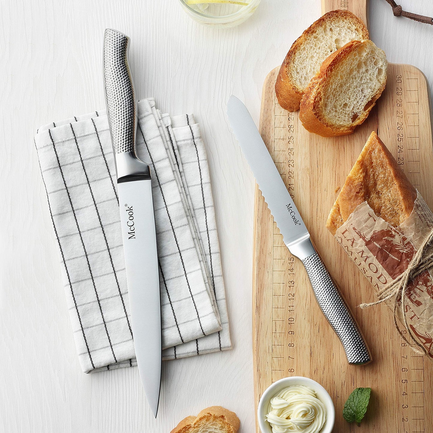 McCook® Premium Knife Sets,Full Tang Hammered German Stainless Steel Kitchen Knife Set with 8 Pieces Steak Knives and Acacia Block