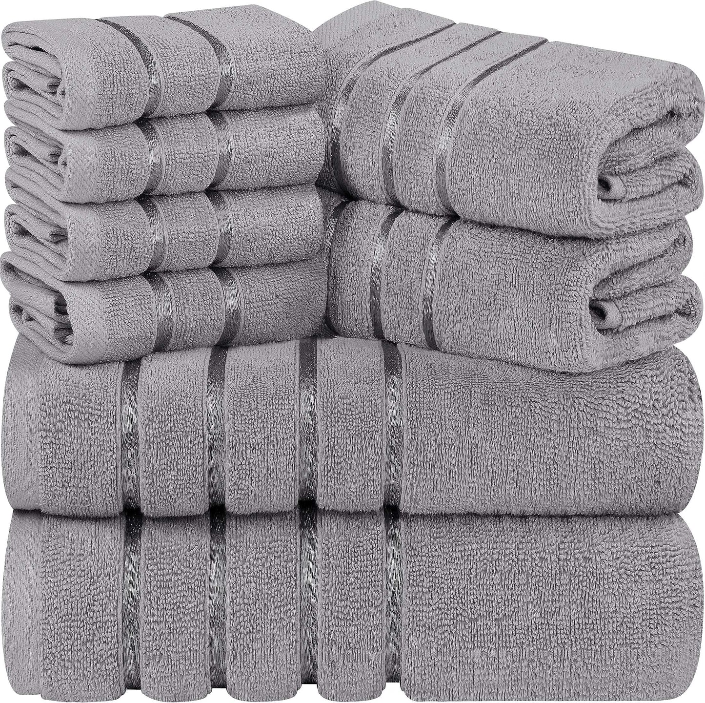 Utopia Towels 8 Piece Luxury Towel Set, 2 Bath, 2 Hand, and 4 Wash Cloths, 600 GSM Ring Spun Cotton, Highly Absorbent Viscose Stripe Towels, Ideal for Everyday use, Cool Grey
