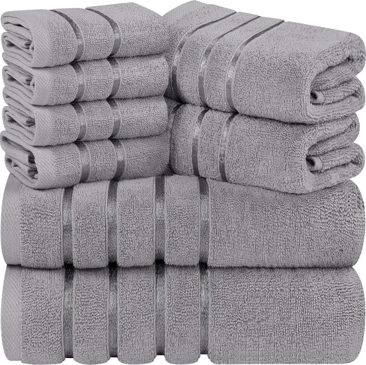 Utopia Towels 8 Piece Luxury Towel Set, 2 Bath, 2 Hand, and 4 Wash Cloths, 600 GSM Ring Spun Cotton, Highly Absorbent Viscose Stripe Towels, Ideal for Everyday use, Cool Grey