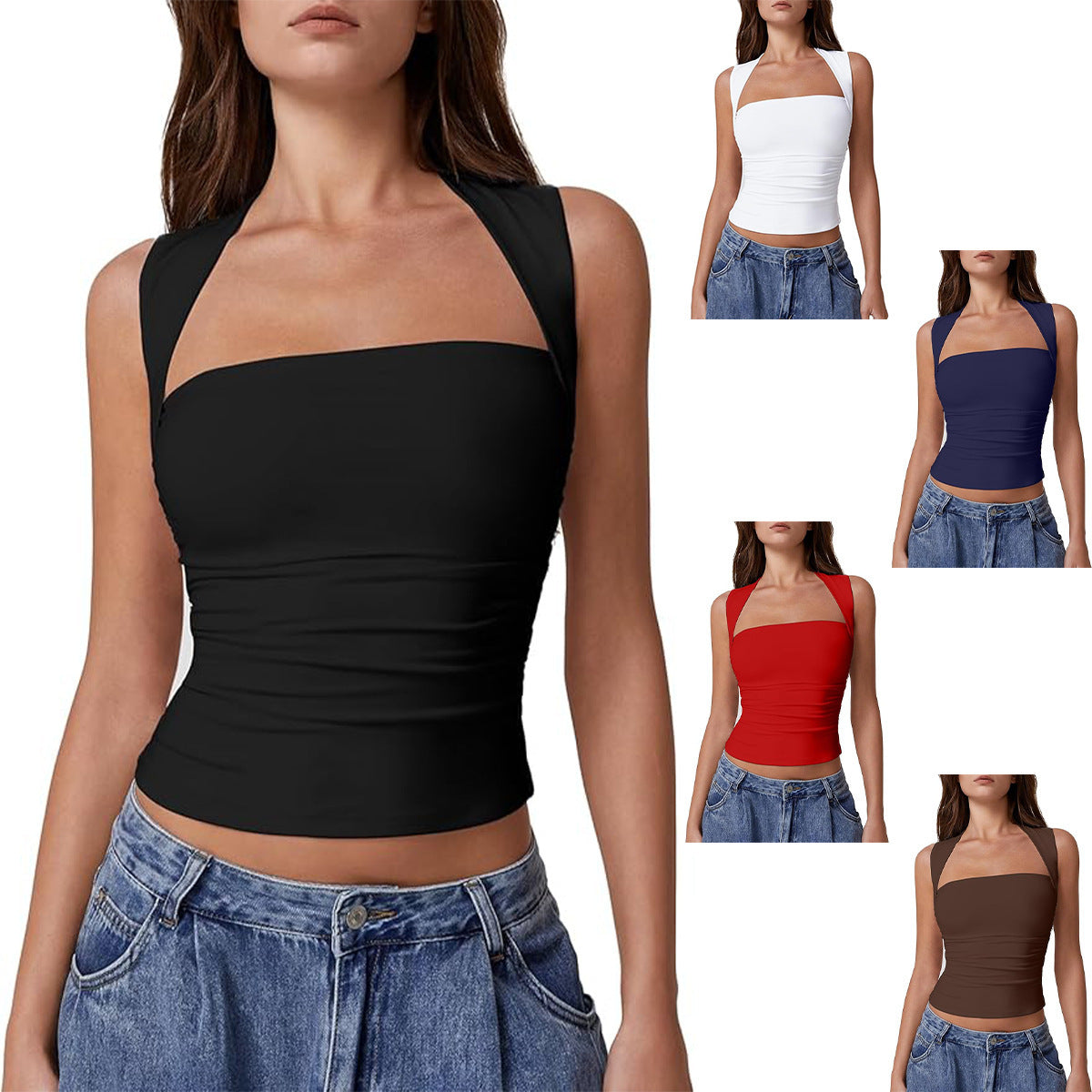 Off-the-shoulder Square Collar Shoulder Strap Midriff-baring Top
