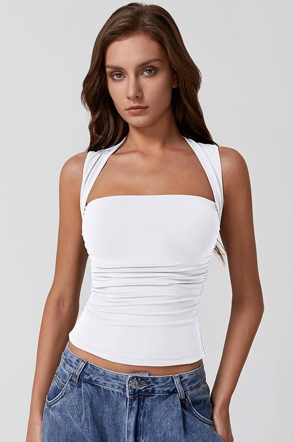 Off-the-shoulder Square Collar Shoulder Strap Midriff-baring Top